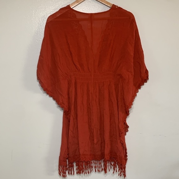 Time & True Rust Boho Crochet Fringe Gauze Pop Over Top One Size - Picture 6 of 6